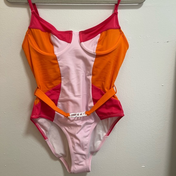 Pink and orange color blocked underwire belted one piece bathing suit - Picture 3 of 4